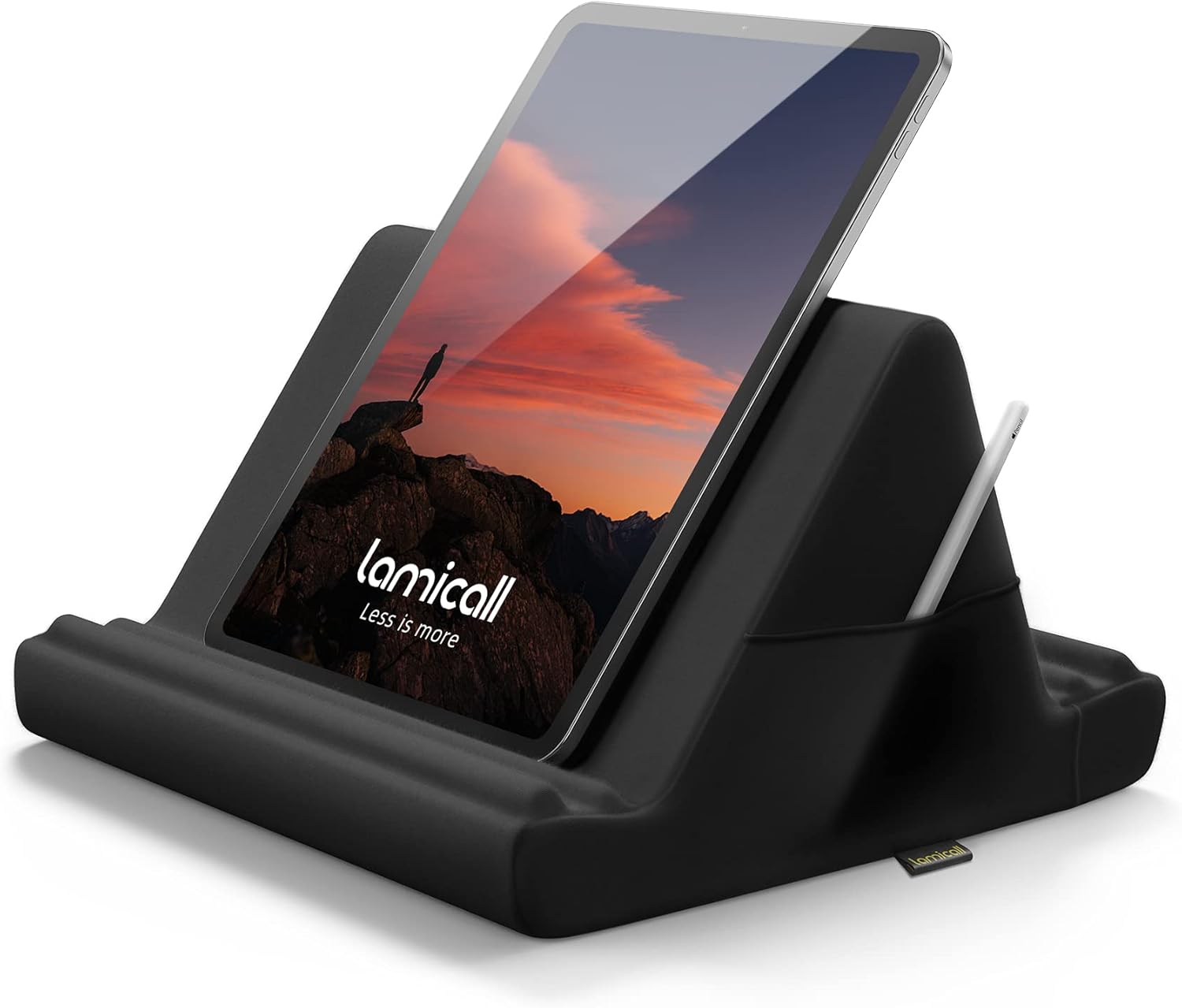 Tablet Pillow Holder Stand - Tablet Pillow Soft Pad Dock for Lap, Bed and Desk with Pocket & 4 Viewing Angles, for Ipad Pro 13, 11, 12.9, Air, Mini, Kindle, Iphone, 4-13" Devices, Black