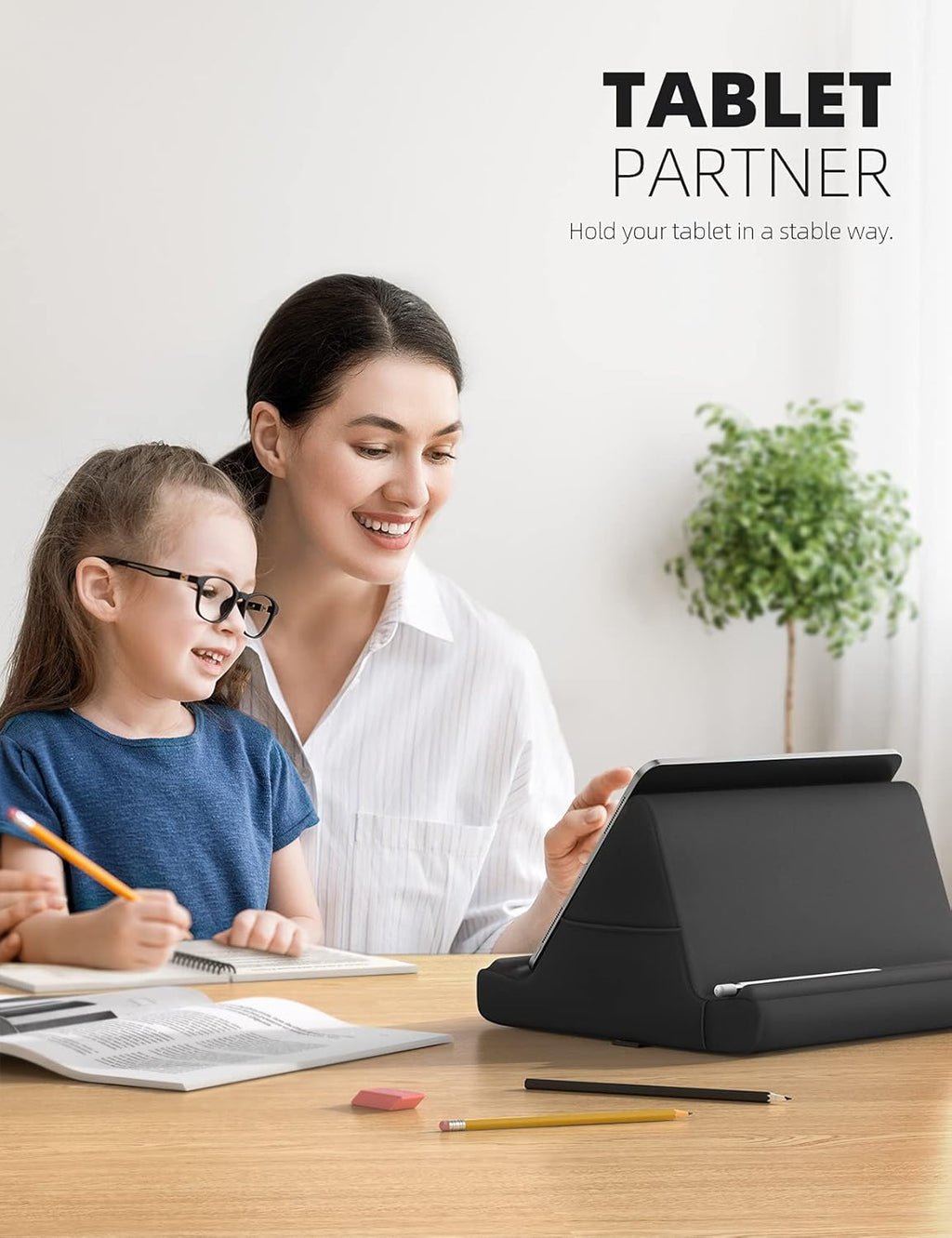 Tablet Pillow Holder Stand - Tablet Pillow Soft Pad Dock for Lap, Bed and Desk with Pocket & 4 Viewing Angles, for Ipad Pro 13, 11, 12.9, Air, Mini, Kindle, Iphone, 4-13" Devices, Black